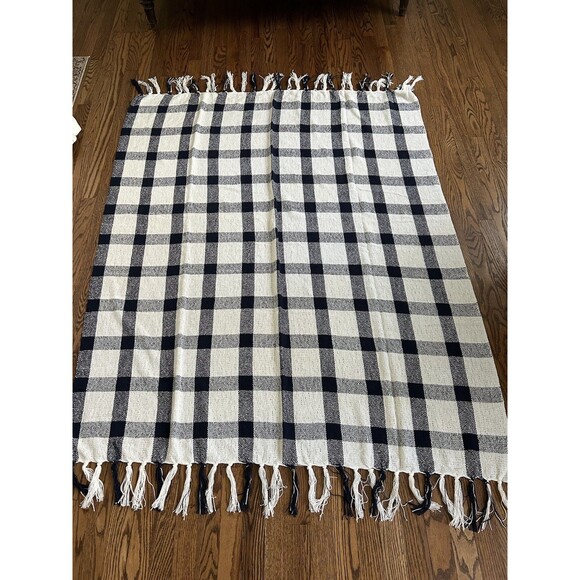Pottery Barn Throw Blanket Navy Blue Buffalo Check Plaid Gingham Fringe Cotton